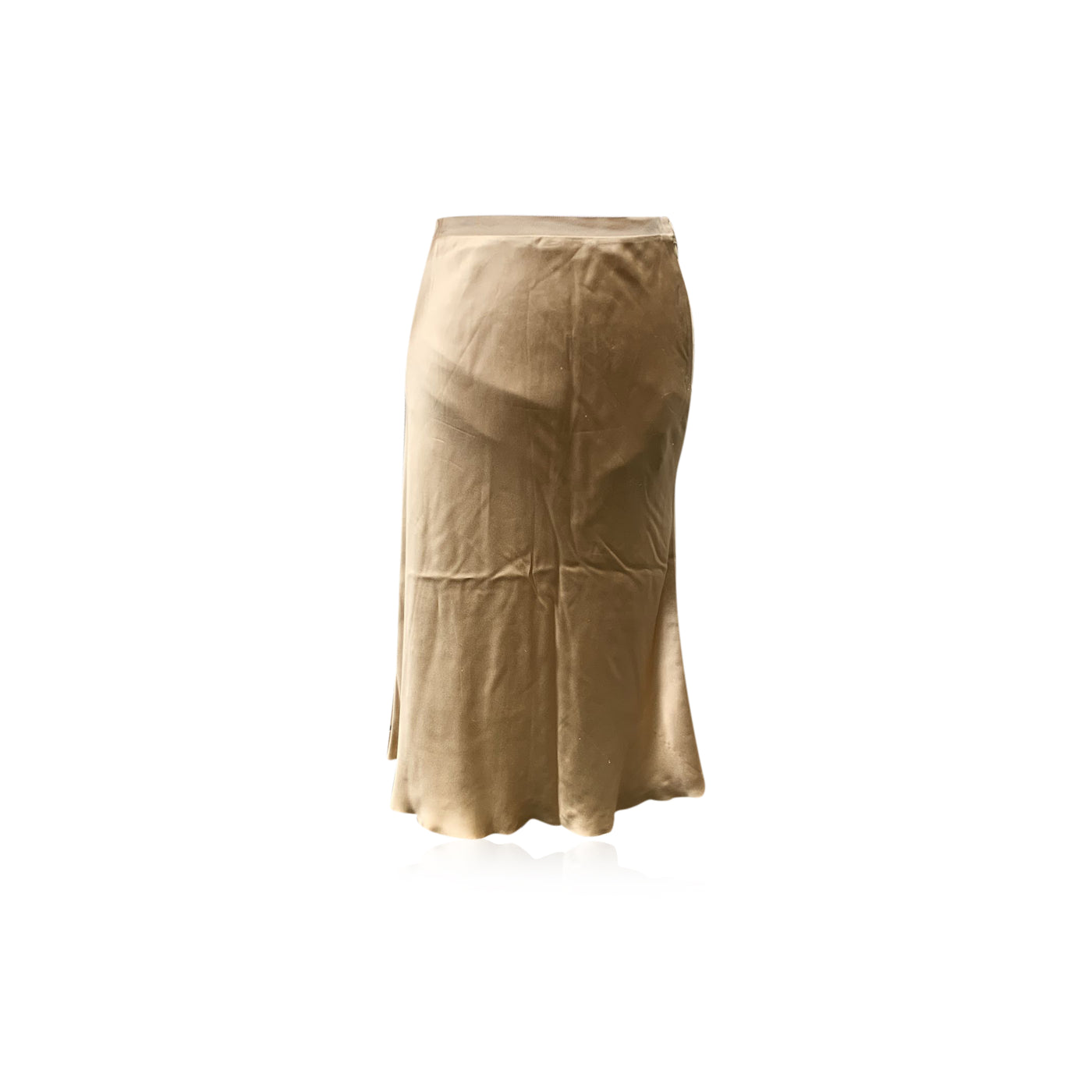 Prada Gold Tone Beige Silk Midi Skirt Flared Bottom Size 42 IT