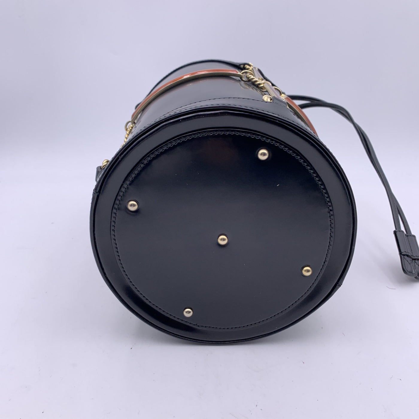 Gucci Black Leather Enamel Cage Round Bucket Bag Tote Handbag