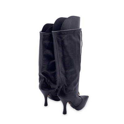 Versace Black Leather Heeled Boots with Central Zip Size 36