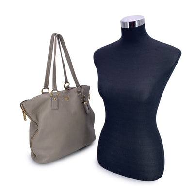 Prada Grey Taupe Leather Tote Satchel Shopping Bag