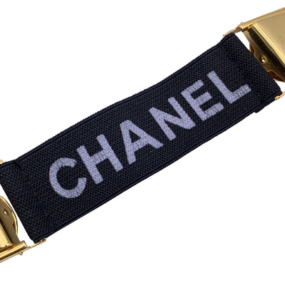 Chanel Black Elastic Logo Suspenders Cincher Gold Metal Clip