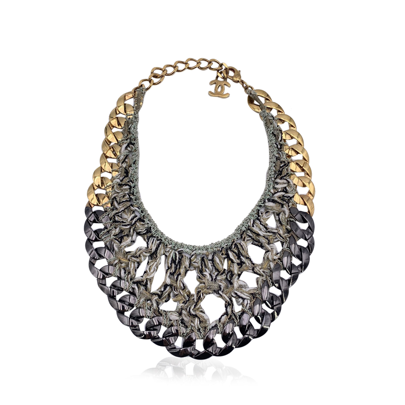 Chanel Gunmetal and Gold Metal Chain GreyTweed Bib Necklace