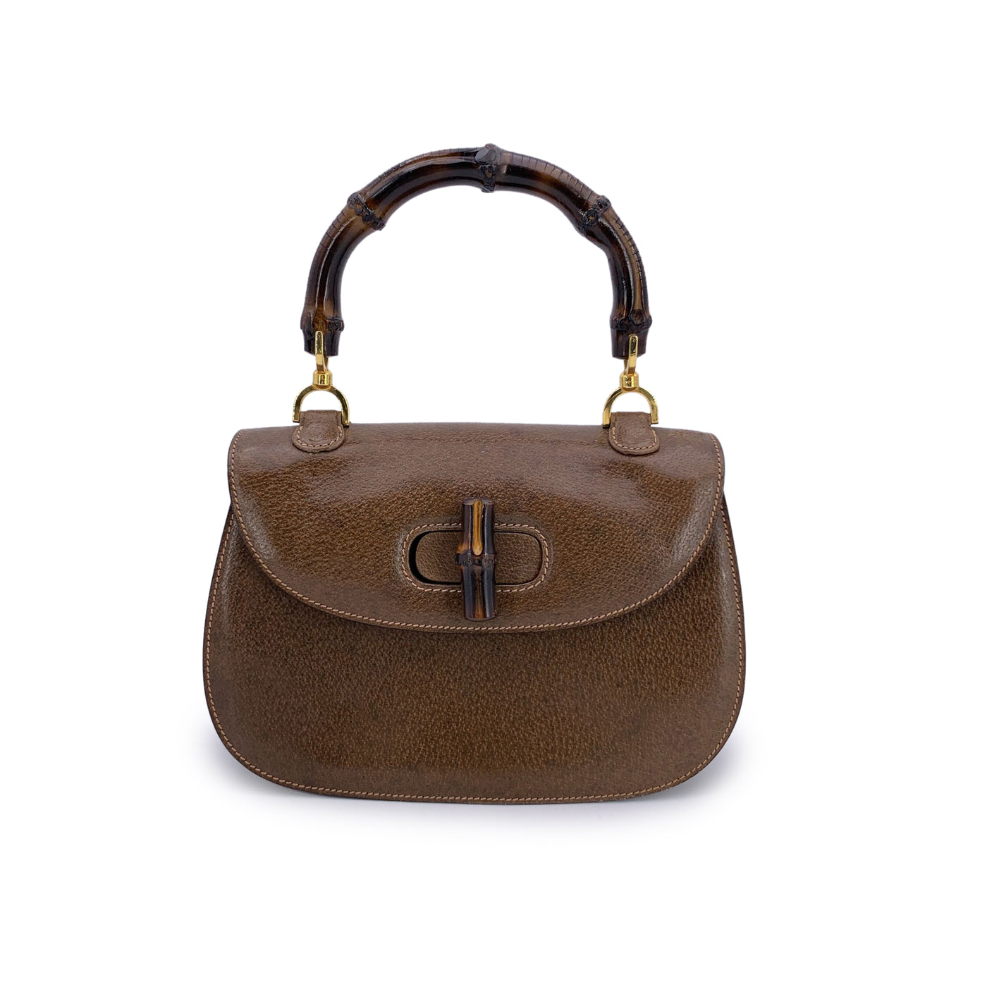Gucci Rare Vintage Brown Leather Bamboo Top Handle Bag Handbag