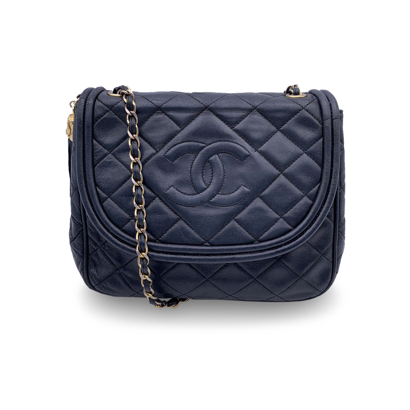 Chanel Vintage Dark Blue Quilted Leather CC Logo Tassel Shoulder Bag