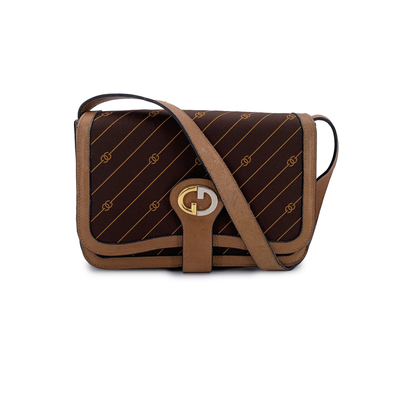 Gucci Vintage Brown Logo Canvas GG Tan Leather Shoulder Bag