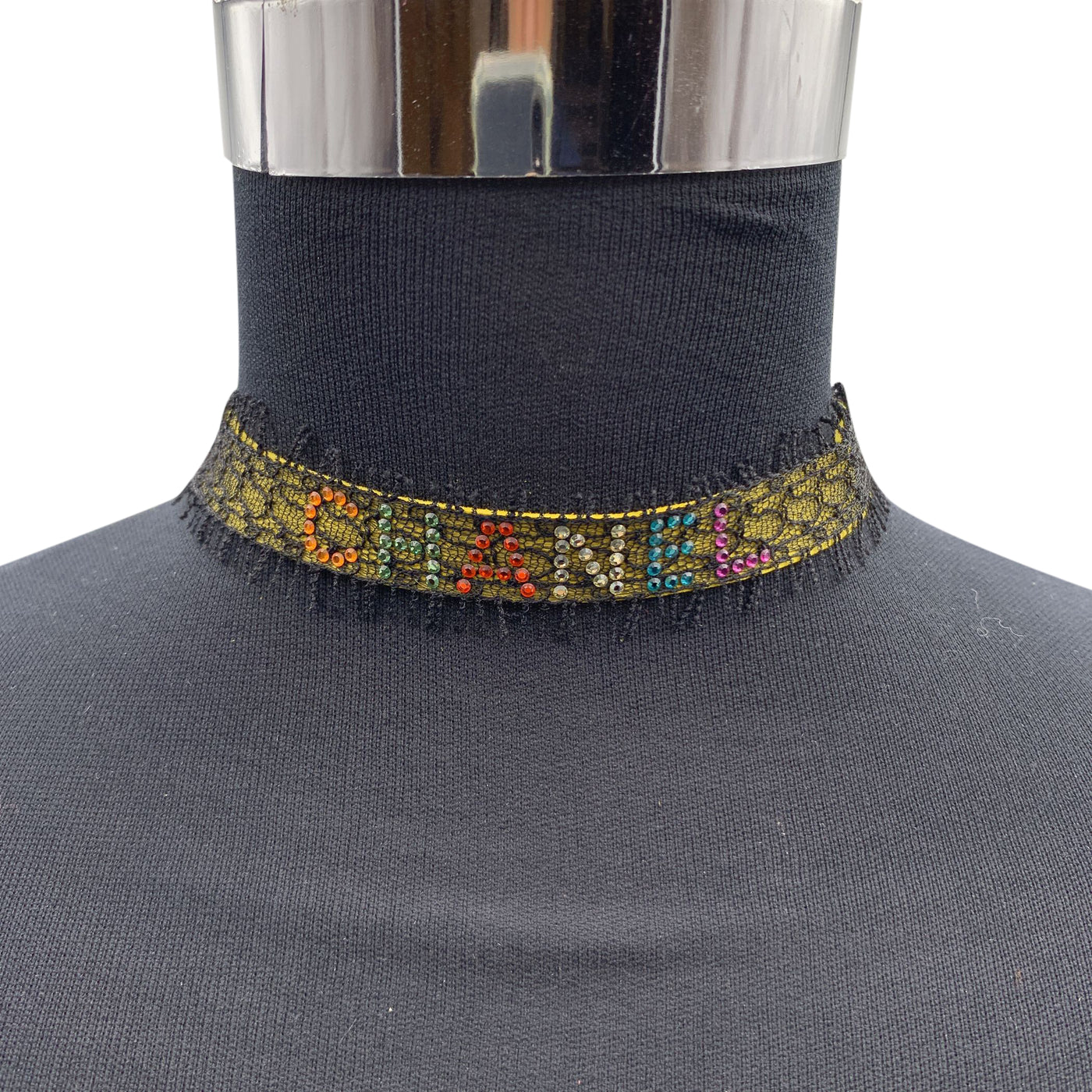 Chanel Multicolor Rhinestones Yellow Suede Black Lace Choker Necklace