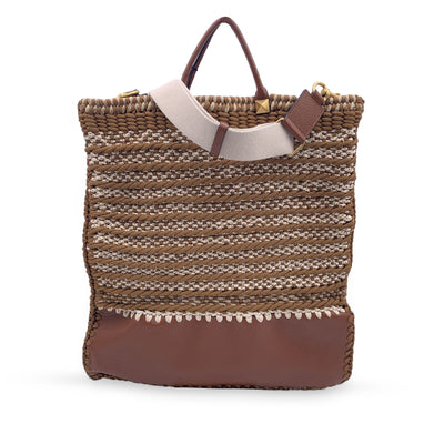 Valentino Garavani Rockstud Brown Leather and Crochet Tote Bag