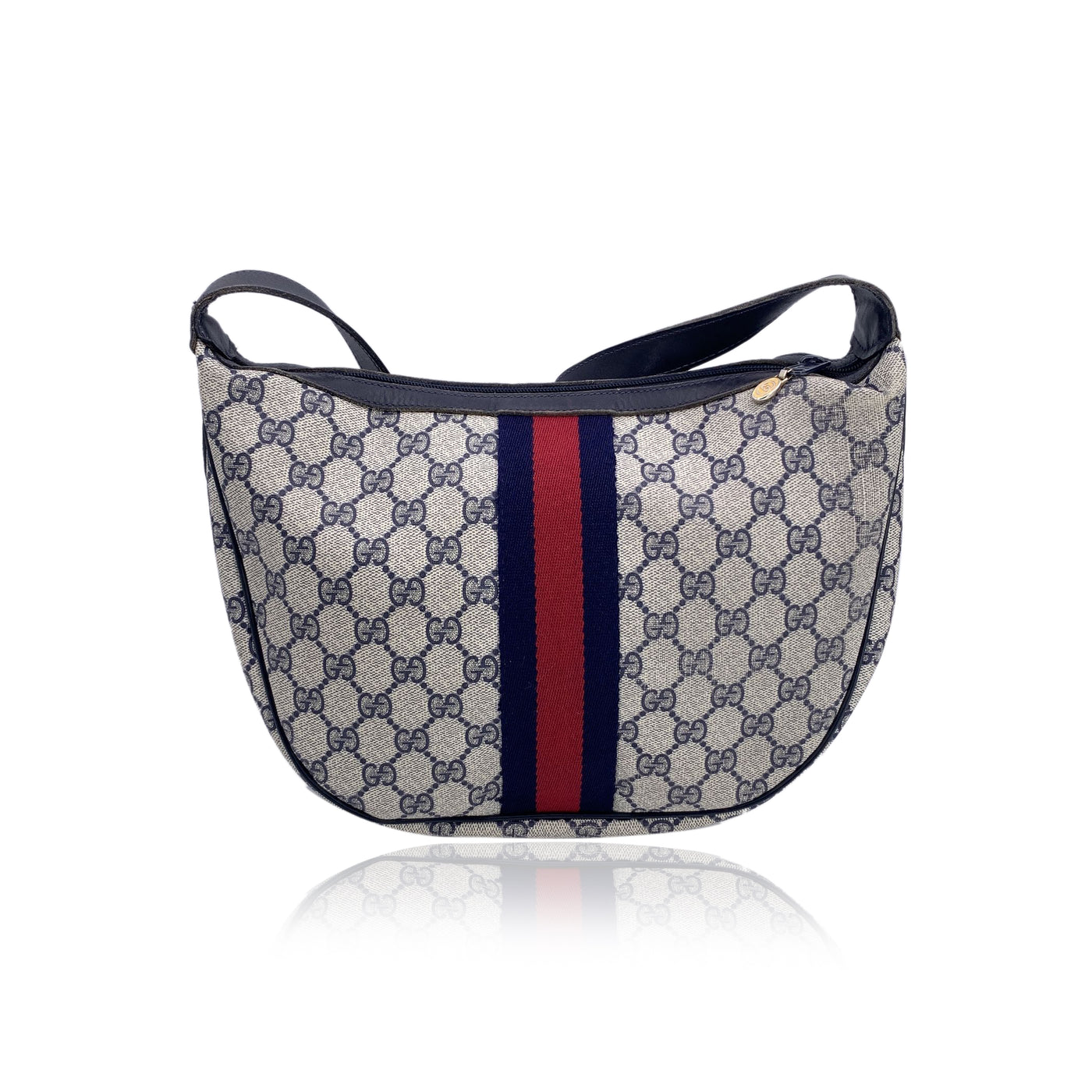 Gucci Vintage Navy Blue Monogram Canvas Rounded Shoulder Bag