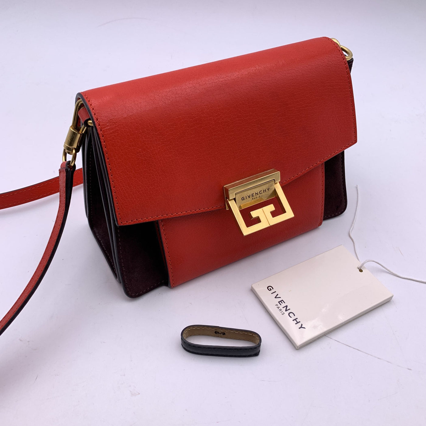 Givenchy Red Leather Brown Suede GV3 Small Flap Shoulder Bag