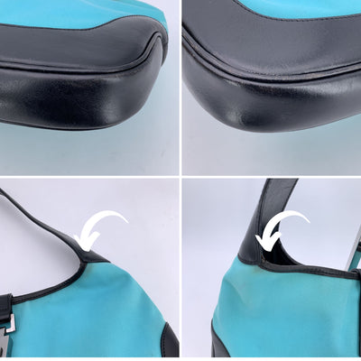 Gucci Turquoise Canvas Black Leather Jackie Hobo Bag Handbag