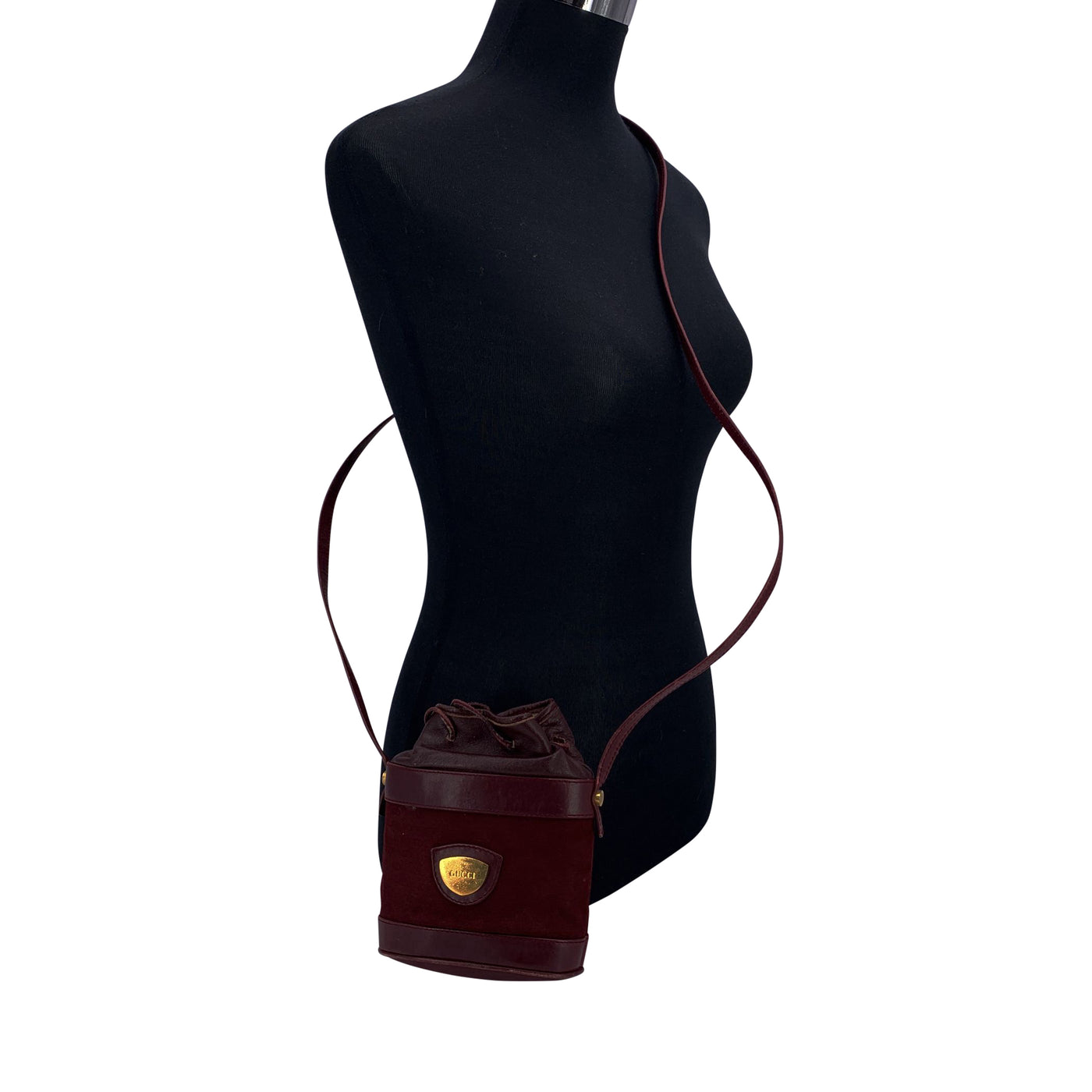 Gucci Vintage Burgundy Monogram Canvas Drawstring Mini Bucket Bag
