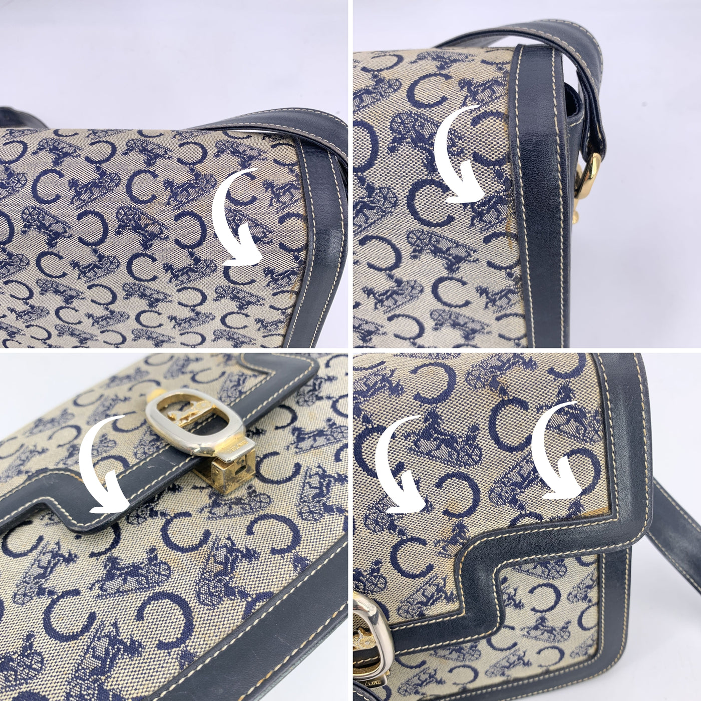 Celine Vintage Blue Grey C Carriage Canvas Box Flap Shoulder Bag