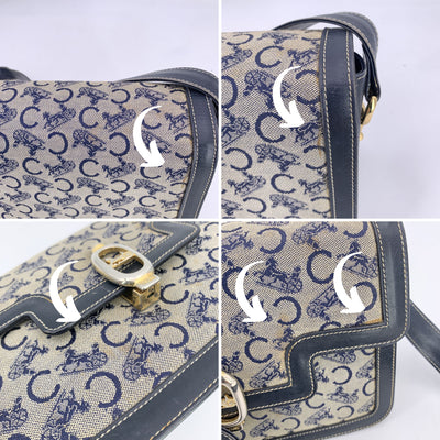 Celine Vintage Blue Grey C Carriage Canvas Box Flap Shoulder Bag