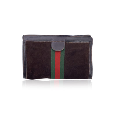 Gucci Vintage Brown Suede Cosmetic Bag Clutch Web with Stripes