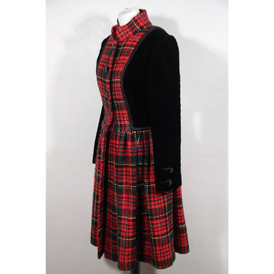 Andrea Odicini Vintage Black Velvet Red Tartan Coat Robe Manteau