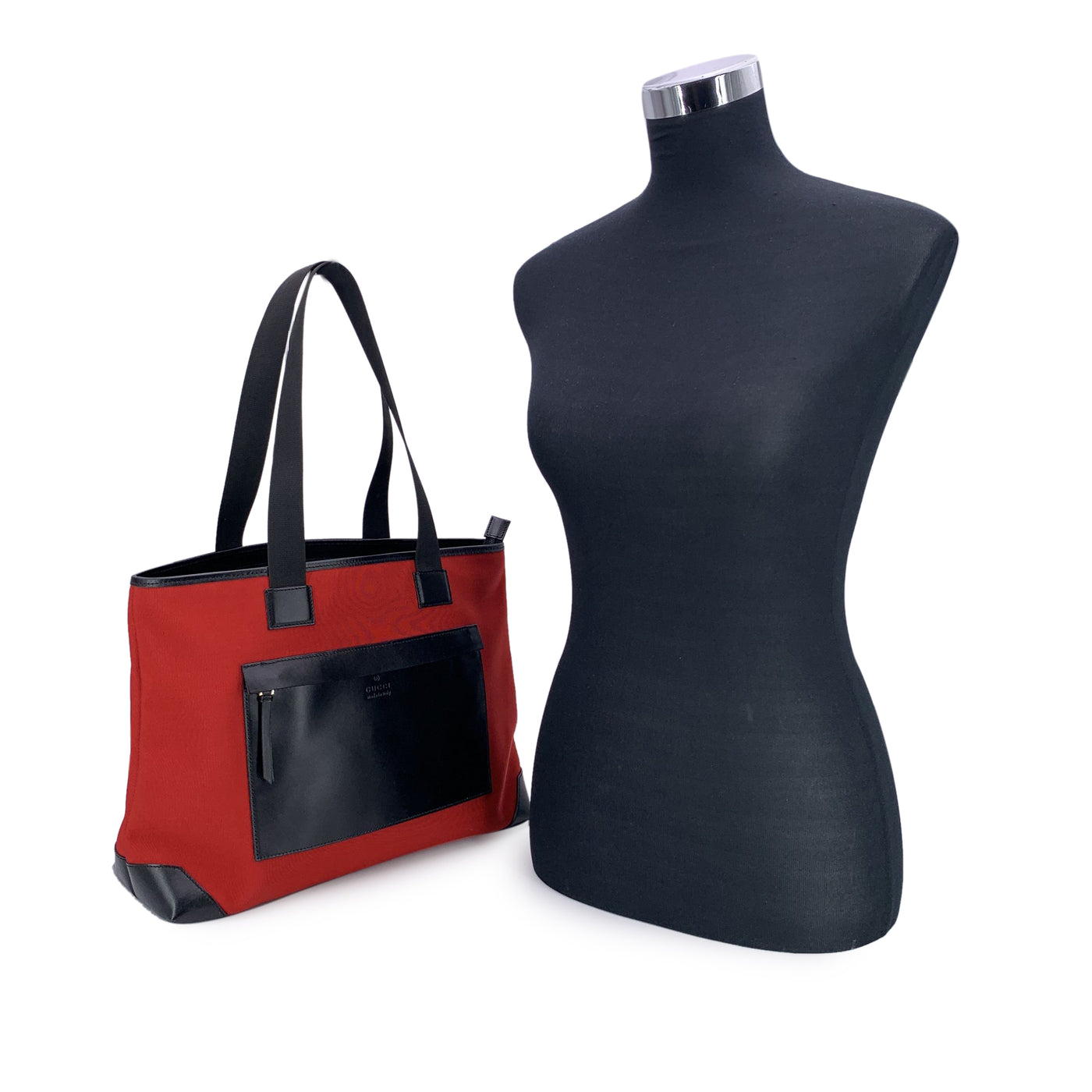 Gucci Red Canvas Nylon Black Leather Tote Shoulder Bag