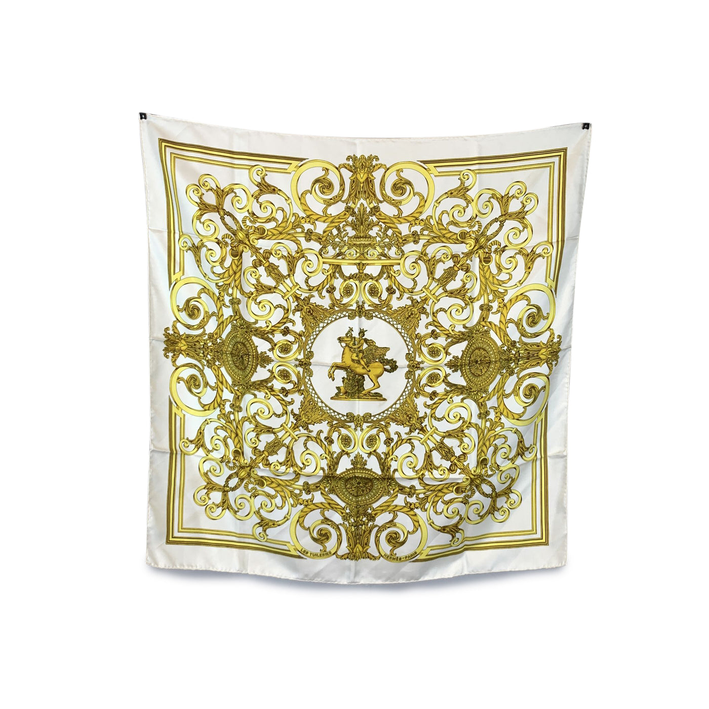 Hermes Vintage White Silk Les Tuileries Scarf 1990 Joachim Metz