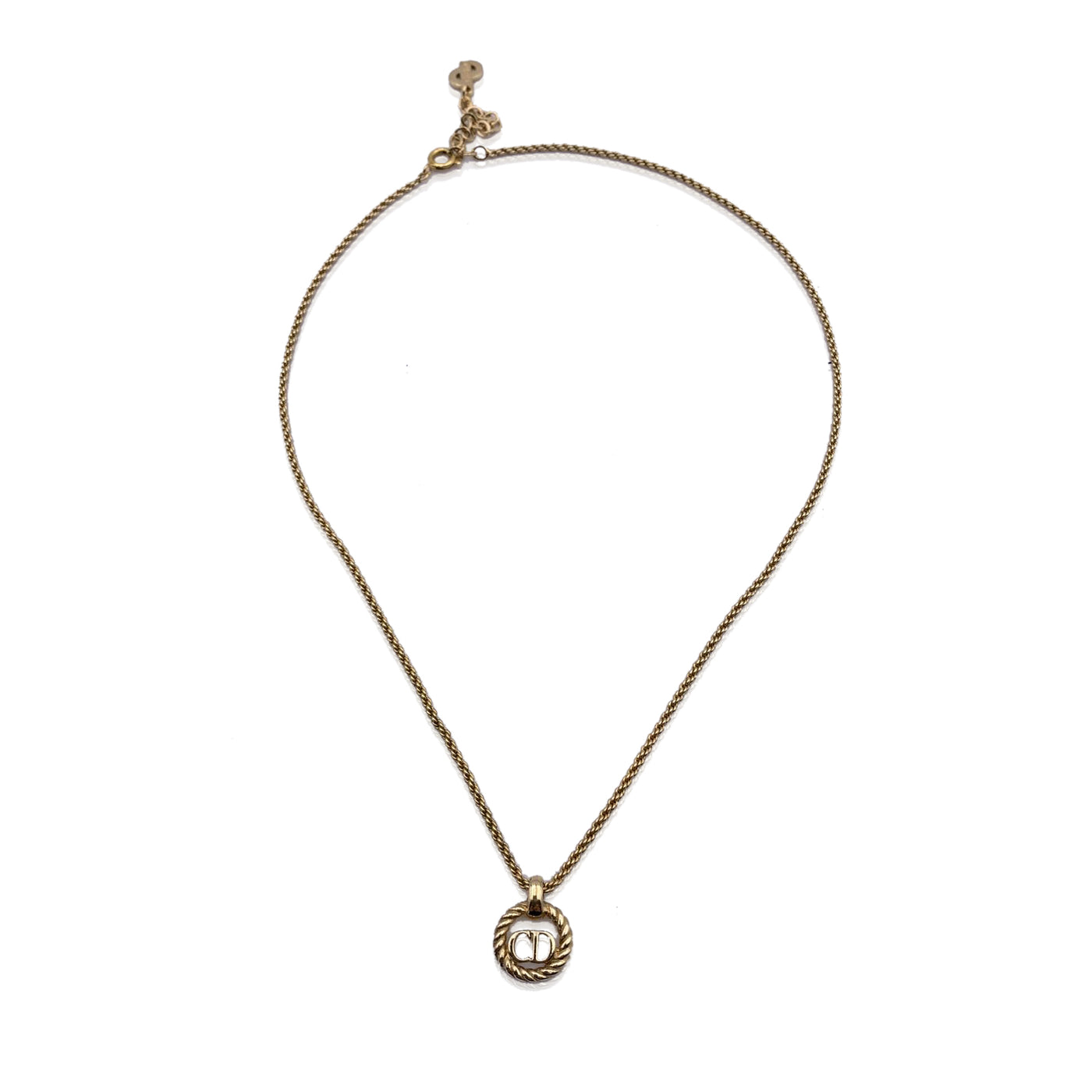 Christian Dior Gold Metal Small CD Logo Round Pendant Chain Necklace