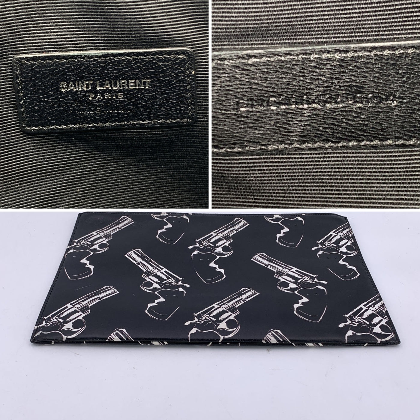 Saint Laurent Black Pop Print Leather Zip Clutch Bag Purse